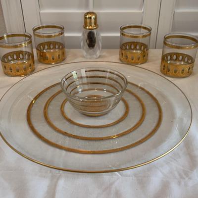 Gold Rim Plate, 4 Glasses, Shaker & Small Bowl 
