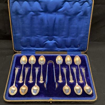 Antique English Silver Tea Spoons With Sugar Cube Tongs