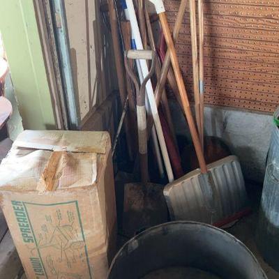 Mystery Lot of spreader, shovels, metal pans, brooms, and more