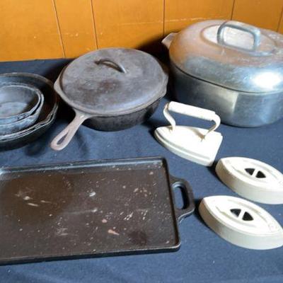 cast iron pans and metal roaster