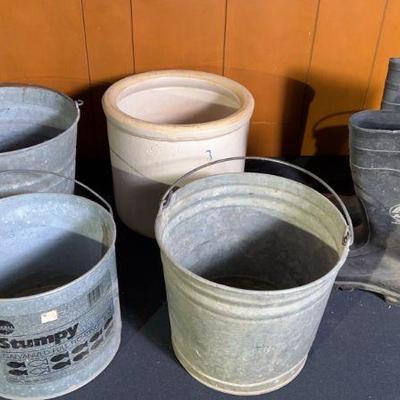 Large Crock, Metal Buckets and Rain boots