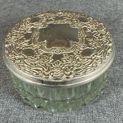 Vintage Glass Powder Puff Vanity Jar With Silver Plated Lid
