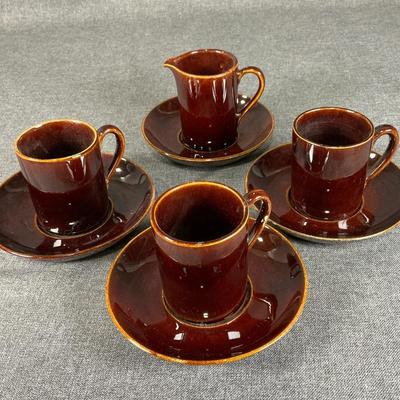 Vintage Brown Stoneware Set Of  3 Demitasse Cups With Saucers And Matching Creamer With Saucer