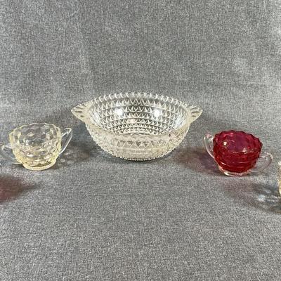 Vintage Pressed Glass Pieces-serving Bowl, 2 Handled Cups, 2 Creamers