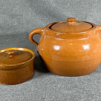 Vintage 2 Handled Brown Ceramic Bean Pot With Lid And Brown Ceramic Cheese Crock