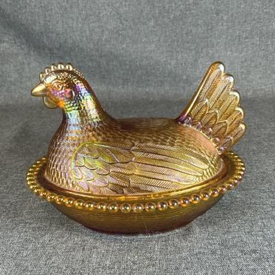 Vintage Indiana Glass Amber Carnival Glass Hen On Nest Dish