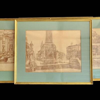 Set of 5 Vintage Charcoal Architectural Sketches By M. REED!