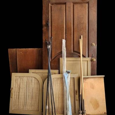 Vintage Architectural Salvage - Solid Wood Door, Cabinet Doors & Unique Curtain Rods!