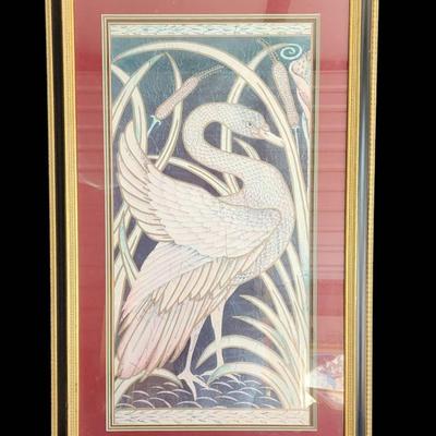Elegant Framed Swan Print - Art Deco Style 