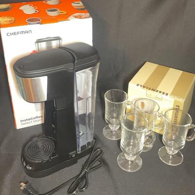 Single Serve Coffee Pot And Glasses.