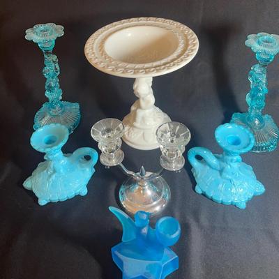 Candle Sticks And Milk Glass
