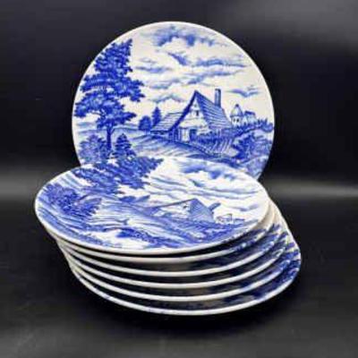 (7) Large Blue Cabin Scene Plates
