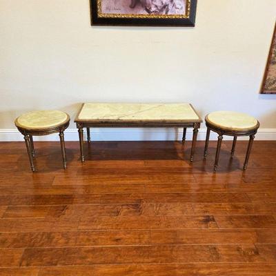 Antique 19th Century French Louis XVI Gilt Wood Stone Top Table Set