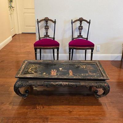 Antique 19th century Chinoiserie table and King Louis XVI sitting chairs
