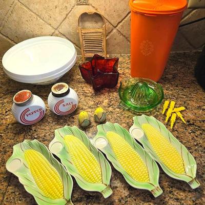 Retro Art Deco S & P, Milk Glass Bowl, Green Glass Juicer