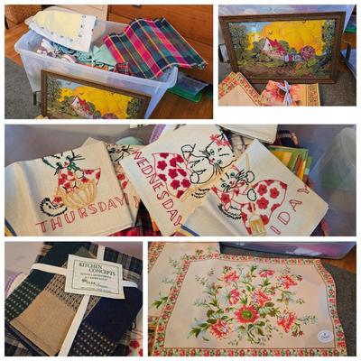 Tableware; Linens, Vintage Tablecloth, Embroidered Dish Towels