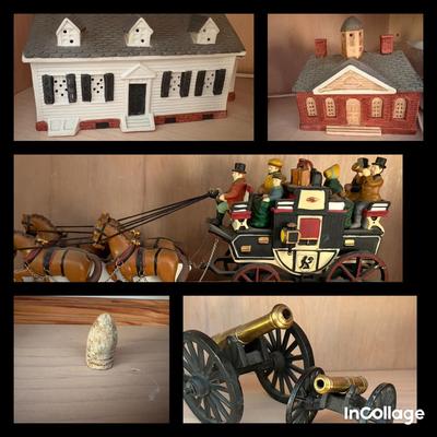 Two Village Art Williamsburg Houses, Dept. 56 Carriage & Horses, 2 Brass Cast Cannons
