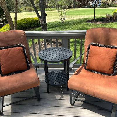 Pair Of Wrought Iron Bouncy Spring Chairs w/ Cushions And Side Table 