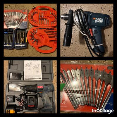 Ryobi 9.6Volt Battery Drill, Black & Decker DR500 Drill, Various Drill Bits 