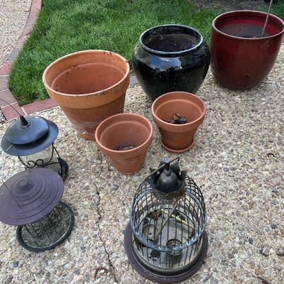 Group Of Clay & Ceramic Planters + Bird Feeders And Brass Birdcage 