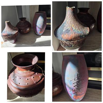 Studio Art Pottery Vases Raku Sogned Metal Vessel 