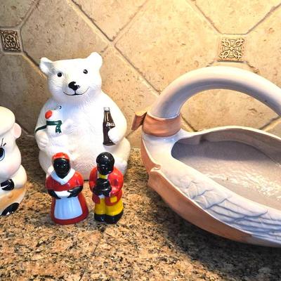 Vintage Cookie Jars, Porlttery Goose, & Folk S & Pepper Shakers 