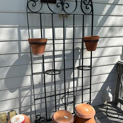 Large Wrought Iron Freestanding Trellis W/ Adjustable Flower Pot Holders + Terracotta Pots Shown