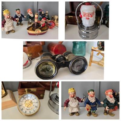 Vintage Opera Glasses, Small Clocks, Dept 56 Santa + 