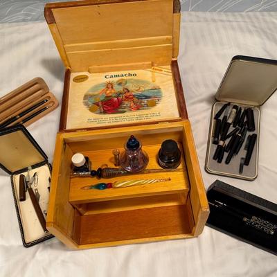  Vintage Calligraphy Set With Ink, Pens And Tips In A Vintage Camacho Cigar Box