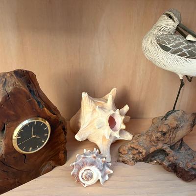 Signed Shoreline Bird, Sea Shells, Live Edge Wood Clock
