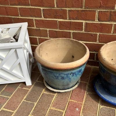 Blue Glazed Terracotta Planters W/ Saucers, Vinyl Planter Box With Decorative Contents 