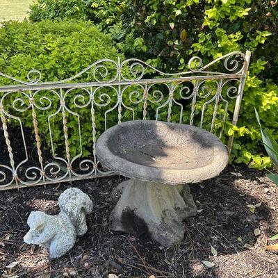 Vintage Iron Garden Gate - Concrete Birdbath W/ Tree Trunk Concrete Pedestal - Plaster Squirrel 