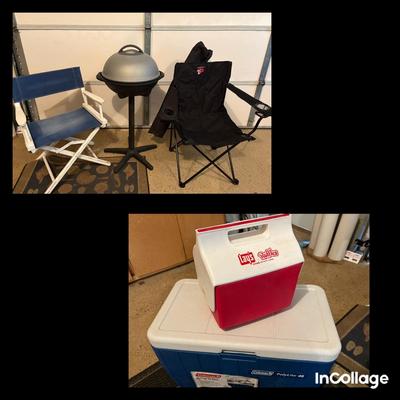 Electric Grill, Camp Chair, Coleman & Igloo Coolers, Directors Chair