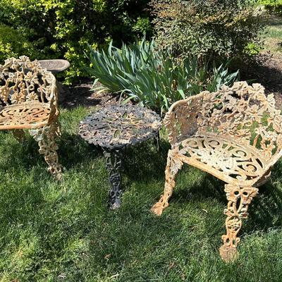 Antique Cast Iron Arm Chairs And Table - Grape & Vine Motif 