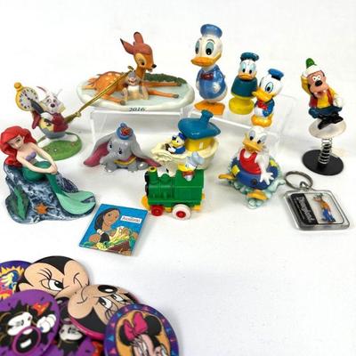 Assorted Vintage Disney Items: Donald Duck, Goofy, Dumbo, Little Mermaid, Bambi, Key Chains, Mickey Buttons