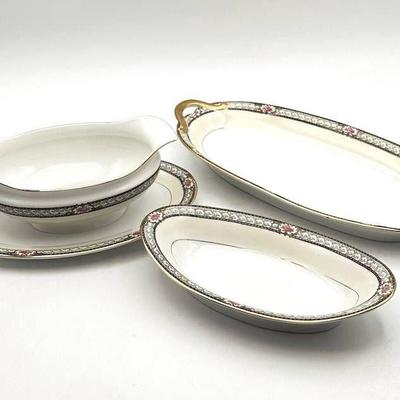 Antique Noritake Chanbard Celery Dish, Relish Dish & Gravy Boat with Underplate - Elegant 1920s Art Deco Porcelain