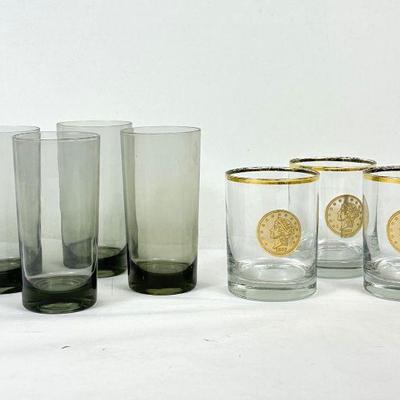 Vintage Smoke Glass Tumblers (Set of 4) & Gold Trim Glasses (Set of 3) - Mid Century Barware
