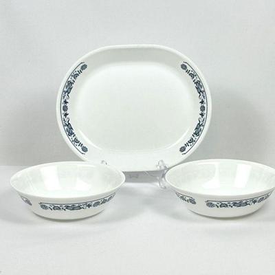 Vintage Corelle Old Town Blue Onion Platter & 2 Serving Bowls