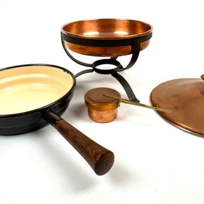Vintage Copper Fondue Pot with Enamel Pan & Wood Handle