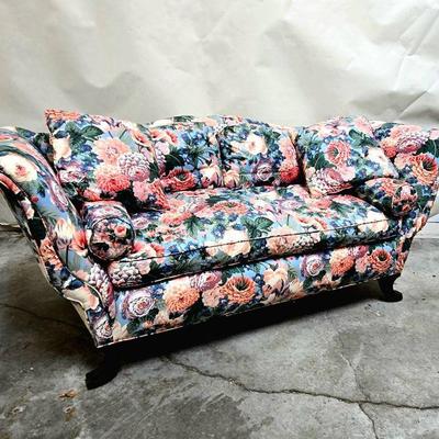 Mid Century Camelback Loveseat with Down Feather Fill - Vintage Floral Cotton Chintz - Mahogany Legs