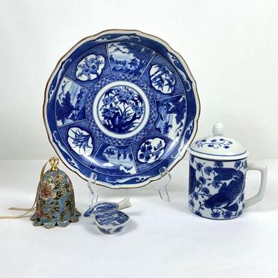 Vintage Japanese Arita Scalloped Bowl, Antique Salt Cellar, Enamel Cloisonné Bell, and Blue and White Koi Fish Tea Mug