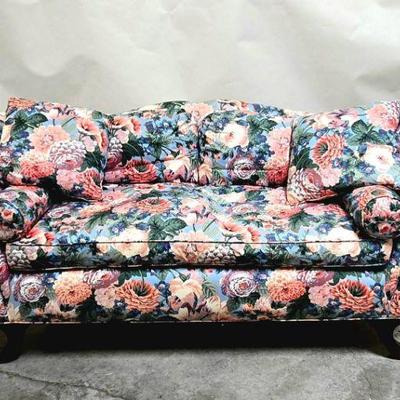 Mid Century Camelback Loveseat with Down Feather Fill - Vintage Floral Cotton Chintz - Mahogany Legs
