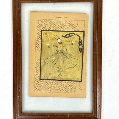 Vintage Framed Illuminated Manuscript Page – Vintage Whirling Dervish Sufi Art with Persian Calligraphy
