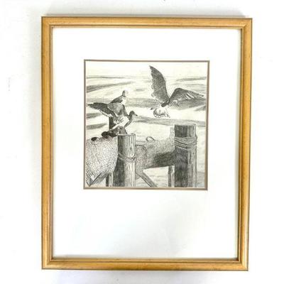 Vintage Framed Pencil Drawing “Seagulls Landing” - Signed by Diana Stallard