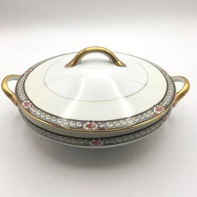 Antique Noritake Chanbard Round Serving Bowl with Lid - 10" Covered Bowl - Elegant 1920's Art Deco Porcelain