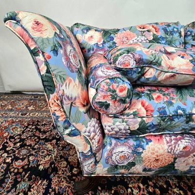 Mid Century Camelback Loveseat with Down Feather Fill - Vintage Floral Cotton Chintz - Mahogany Legs