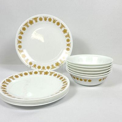 Vintage Corelle Butterfly Gold Dinnerware - 6 Salad Plates, 6 Coupe Cereal Bowls