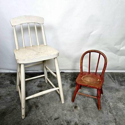 Vintage Wood Chairs: Small Red Appleton Chair & Tall White Kid's Chair