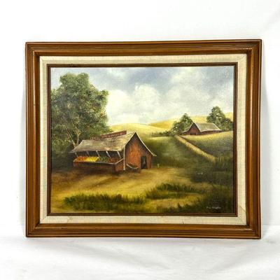 Vintage Framed Oil Painting Signed Vera Maestas- Farm, Barn & Produce Stand 