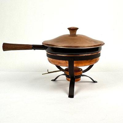 Vintage Copper Fondue Pot with Enamel Pan & Wood Handle